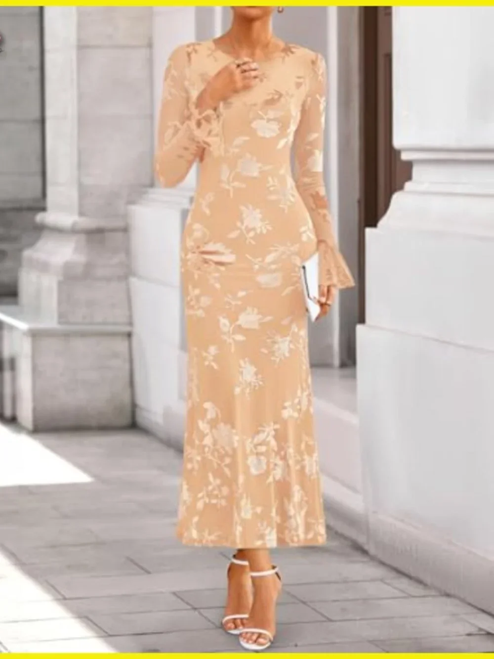 Bell Sleeve Floral Maxi Dress Bodycon Mesh Long Sleeve Cocktail Party Elegant